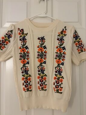 Cream Floral Knit Short-Sleeve Sweater